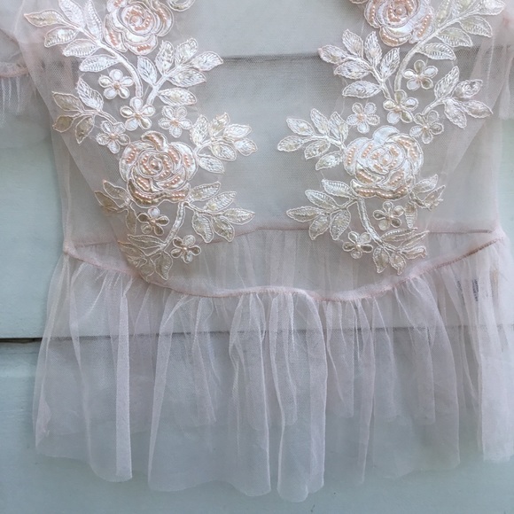 Sheer pink Lucy Wang mesh top with satin & pearls - Picture 4 of 6